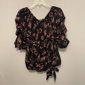 CeCe Black and Pink Floral Blouse 3/4 Sleeve Ruffles Womens Large Sheer Thin Bow